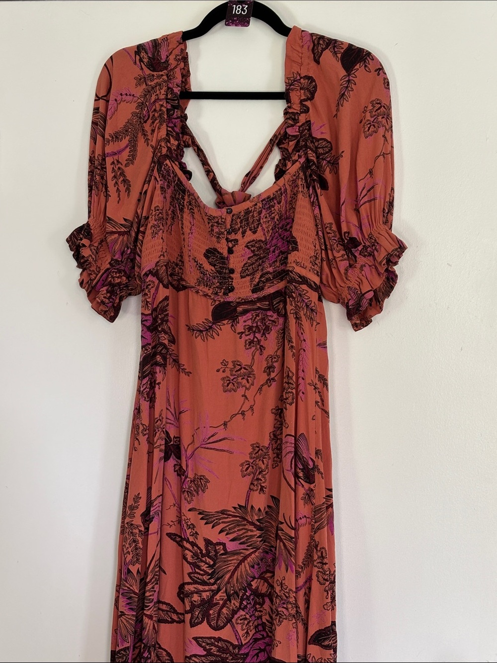 Anthropologie Puff Sleeved Midi dress in dark orange floral print size small